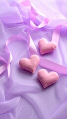 Fototapeta premium Three pink hearts on purple fabric with ribbon romantic valentines day