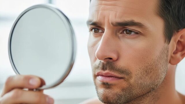 Young man examining his skin in a small mirror indoors  