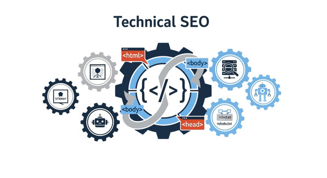 Technical SEO concept with gears and code symbols for website optimization.