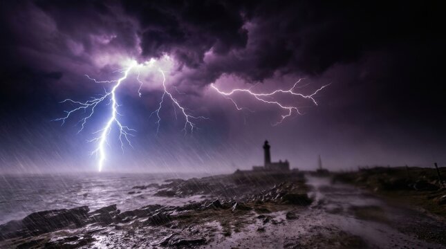 Forked lightning bolts striking the ocean surface near a silhouette lighthouse during a heavy nocturnal rainstorm with dark purple clouds and rocky coastal foreground.