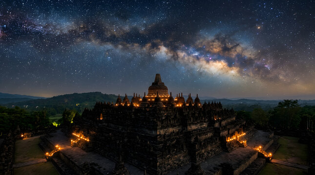 Majestic Borobudur Temple Under a Starry Night Sky with the Milky Way