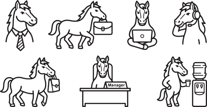 Collection of outline icons featuring professional horses performing various business tasks in a simple black and white graphic style design