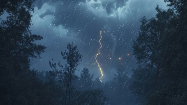 Dramatic Storm Scene with Lighting and Dark Clouds Over Trees