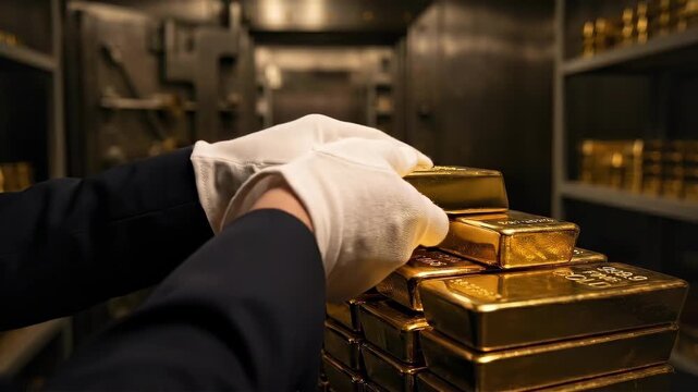 Banker in white gloves stacking gold bullion in a bank vault. Financial expert managing precious metal reserves. Rich investment and wealth management concept.