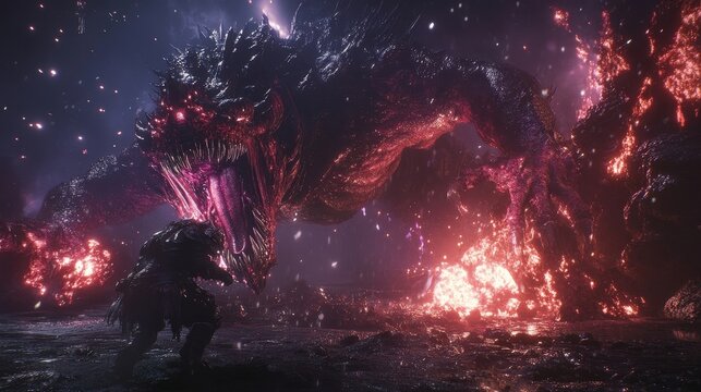 A colossal monster confronts a fearless warrior in a vivid, fiery landscape full of glowing colors and fierce energy.
