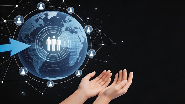 Global digital network connecting people, hands holding earth with social icons, business technology concept for community and communication.