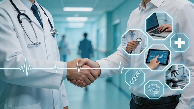 Two doctors shaking hands in hospital corridor, medical partnership agreement, healthcare collaboration concept, professional greeting between physicians, stethoscope and white