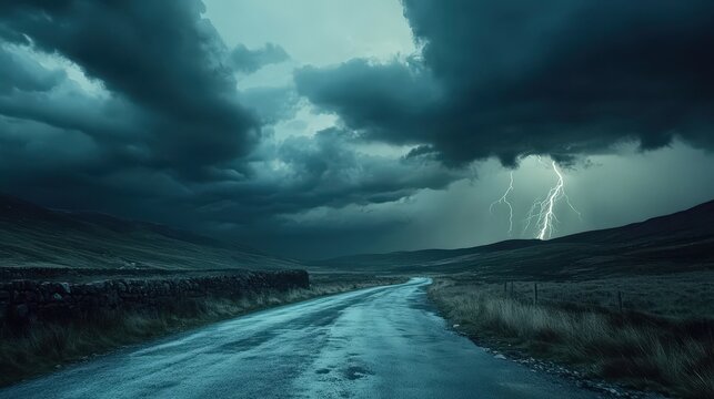 A dark road under stormy skies with lightning illuminating the landscape. The scene is eerie yet captivating for nature lovers.