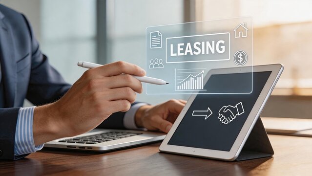 Business professional using tablet with leasing hologram interface, financial technology concept for property rental and asset management services