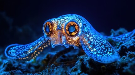 Obraz premium A glowing baby octopus in deep blue water with bright patterns and large eyes, showcasing marine life wonders in stunning detail.