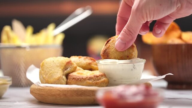 Chicken nuggets dipped in creamy sauce by hand in warm kitchen setting