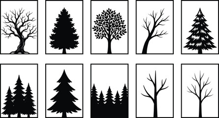 Fototapeta premium Tree Silhouette Frame Collection Featuring Pine Forest and Leafless Trees Vector Wall Art Illustrations for Nature Designs