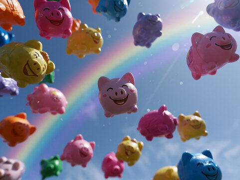 Colorful piggy banks float in the sky beneath a rainbow on a sunny day creating a whimsical scene of joy and fun