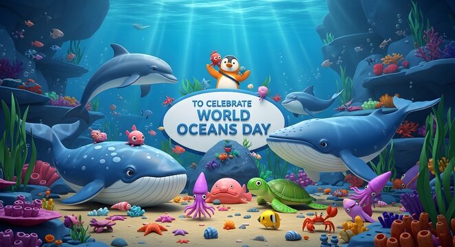 Cartoonstyle underwater scene celebrating world oceans day with various marine animals like whales, dolphins, a turtle, and a penguin