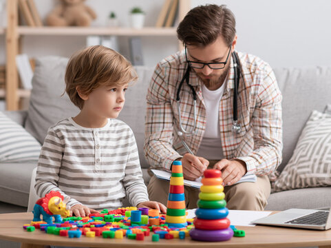Child plays with toys while a doctor writes notes in a home setting during a check-up appointment in the daytime