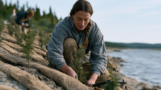 World Environment Day volunteers planting native saplings along an eroded riverbank, mud on their boots, biodegradable mesh rolls anchoring the slope, an environmental nonprofit coordinator marking 