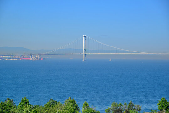 A view from the Osman Gazi Bridge, connecting the cities of Kocaeli and Yalova in Turkey.