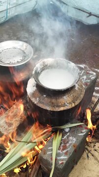 Traditional Pongal festival cooking in rural south India, Tamilnadu