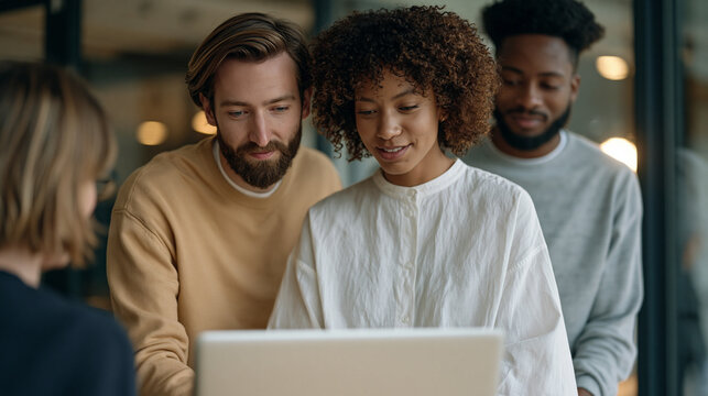Salary transparency advocate presenting an anonymized pay equity analysis on a laptop screen to two colleagues in a small glass room, bar charts visible, company culture of equitable pay, candid wor