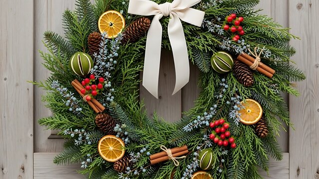 Festive christmas wreath adorned with natural elements and elegant bow decoration