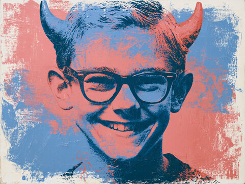 Young boy with glasses and devil horns smiling against a color-blocked background in a playful twist on childhood fun