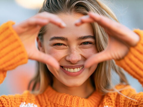 Young person creates heart shape with hands while smiling in vibrant orange sweater outdoors during daylight in urban setting
