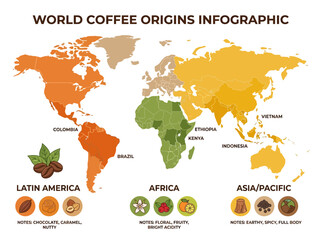Naklejka premium Infographic showcasing global coffee origins on a world map with regional flavor profiles