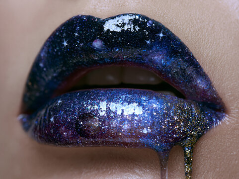 Unique artistic lip design showcasing galaxy theme with stars and glitter