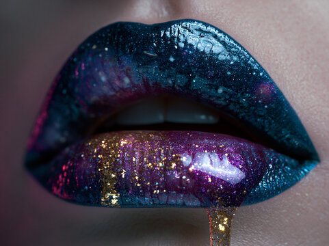 Lips with glitter and color create an artistic expression in makeup during a creative beauty session