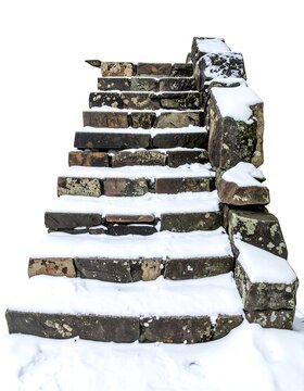 Stone steps covered in snow on white background outdoor winter scene