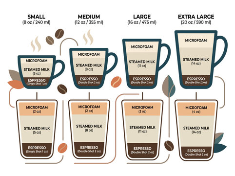 An infographic showing coffee cup sizes and ingredients in a flat 2D vector illustration with various coffee drinks and measurements.