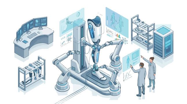 Industrial robotic arm system in automated factory.