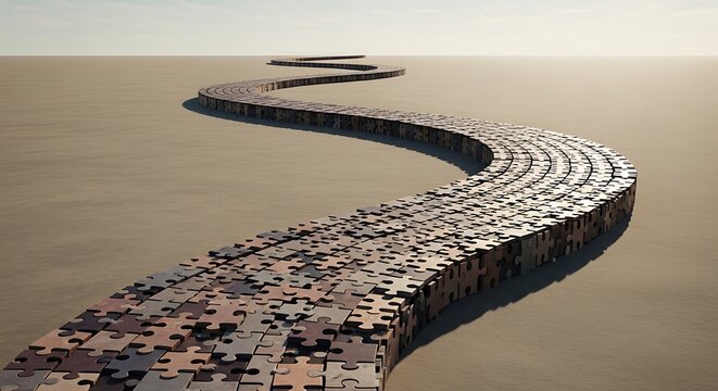 A long winding path made of connected jigsaw puzzle pieces on a desert floor