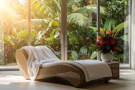 Sun-drenched wicker chaise lounger with tropical foliage view