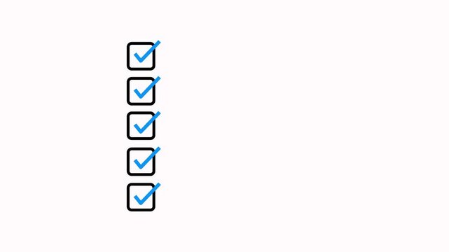 Animated checklist with check marks in square boxes on white background. Productivity and task completion. Motion graphics of tick mark concept with alpha channel