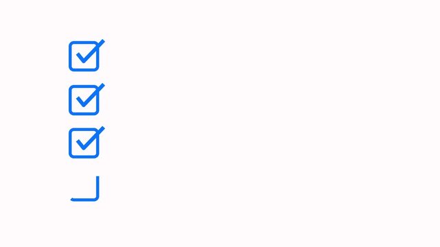 Animated four step process checklist with blue check marks in square boxes on white background. Choice Answer Vote Verification. Task completion animation for workflow, approval steps and explainer