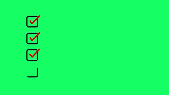 Animated four step process checklist with red check marks in square boxes on green background. Choice Answer Vote Verification. Task completion animation for workflow, approval steps and explainer