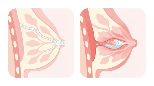 Illustration shows the blockage of a milk duct in the lactation process. This depicts the anatomy and function relevant to breastfeeding issues.