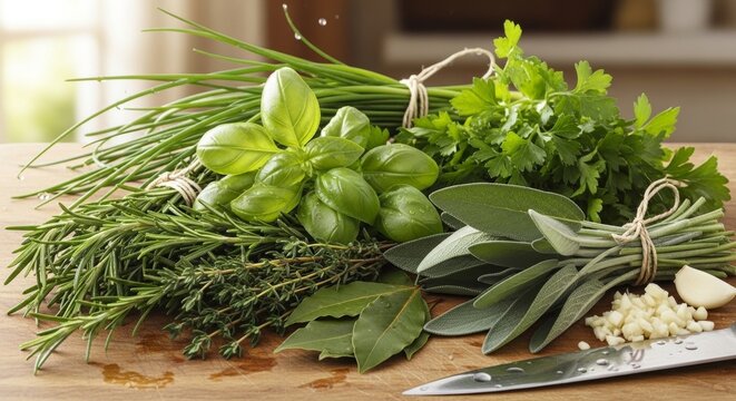 Bundle of Fresh Culinary Herbs Ready for Cooking