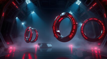 Fototapeta premium Futuristic corridor features glowing rings, fog, red lights. Dramatic perspective creates depth, scifi aesthetic dominates scene.
