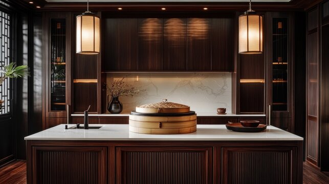 Modern kitchen with dark wood cabinets and marble backsplash