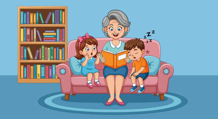 Vector illustration of grandmother reading to children, family literacy scene, educational moment, kids on couch