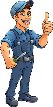 An electrician handyman or other construction cartoon mascot man holding a screwdriver tool.