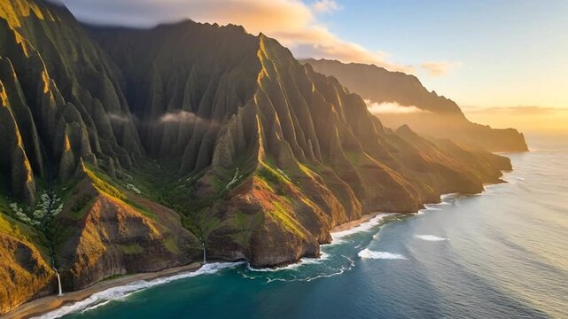 Kauais Na Pali Coast - A Breathtaking Aerial View at Sunset.