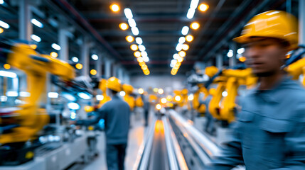 Obraz premium Modern robotic arms operating on automated factory assembly line representing industrial automation, smart manufacturing and advanced production technology.