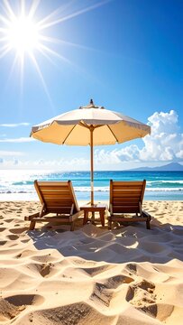 Beach scene with sun umbrella and chairs under a bright blue summer sky