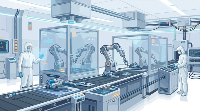 Robotic Arm On Assembly Line In Industrial Factory Setting.