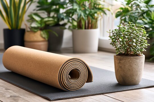 creative stock background A rolled yoga mat beside a decorative plant in a serene indoor setting modern artistic texture for creative presentation banner and social media backdrop stylish artistic b