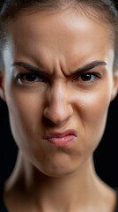 Fototapeta premium Angry woman making disgusted facial expression close up portrait representing frustration, stress and negative human emotion.
