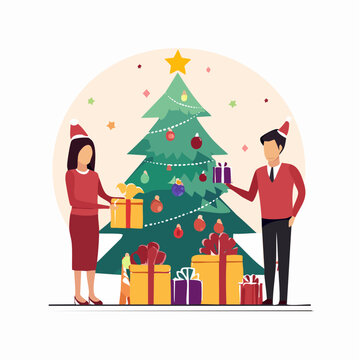 Couple Decorating Christmas Tree with Gifts